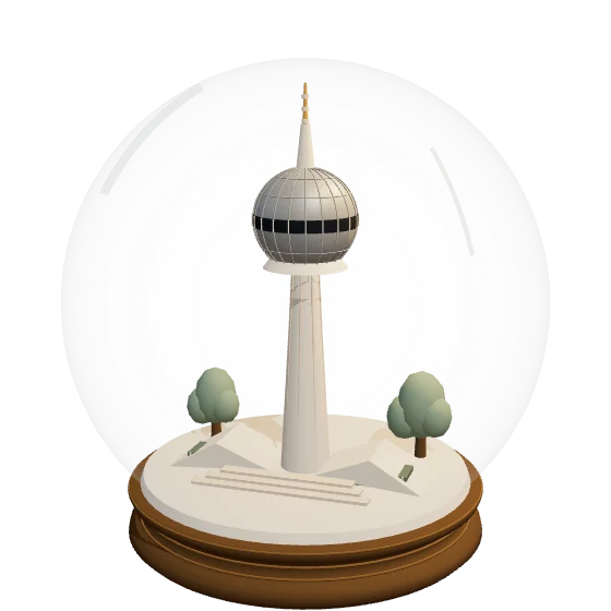 A snow globe with Berlin’s Fernsehturm: a sphere on a slender shaft beneath an antenna.