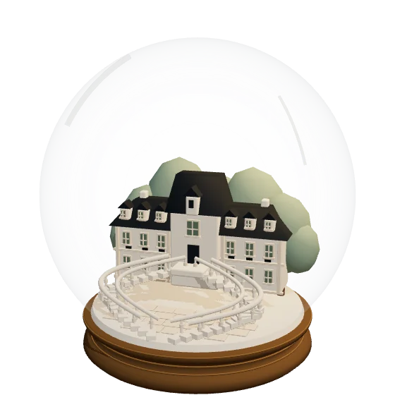 A snow globe with the Château de Fontainebleau’s horseshoe staircase and forest behind it.